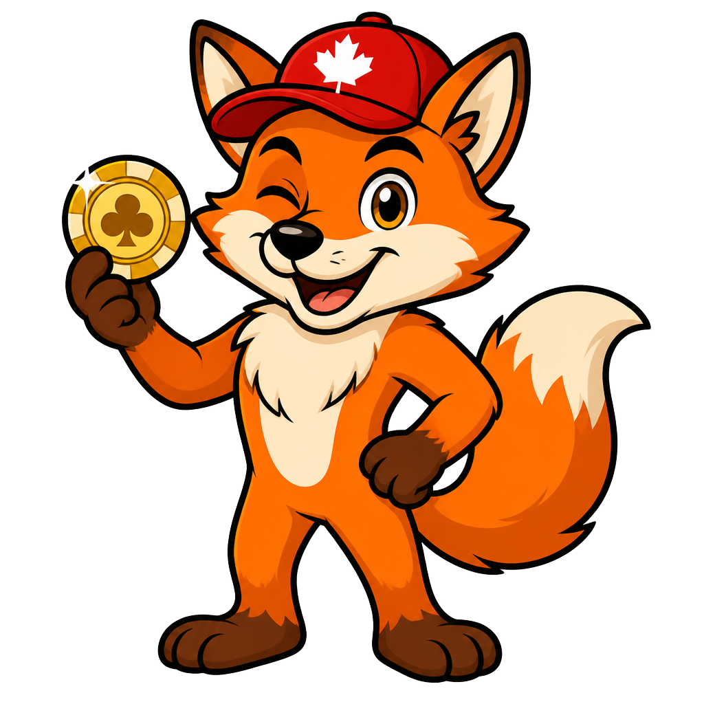 Caxino CA cartoon fox mascot in a maple-leaf cap